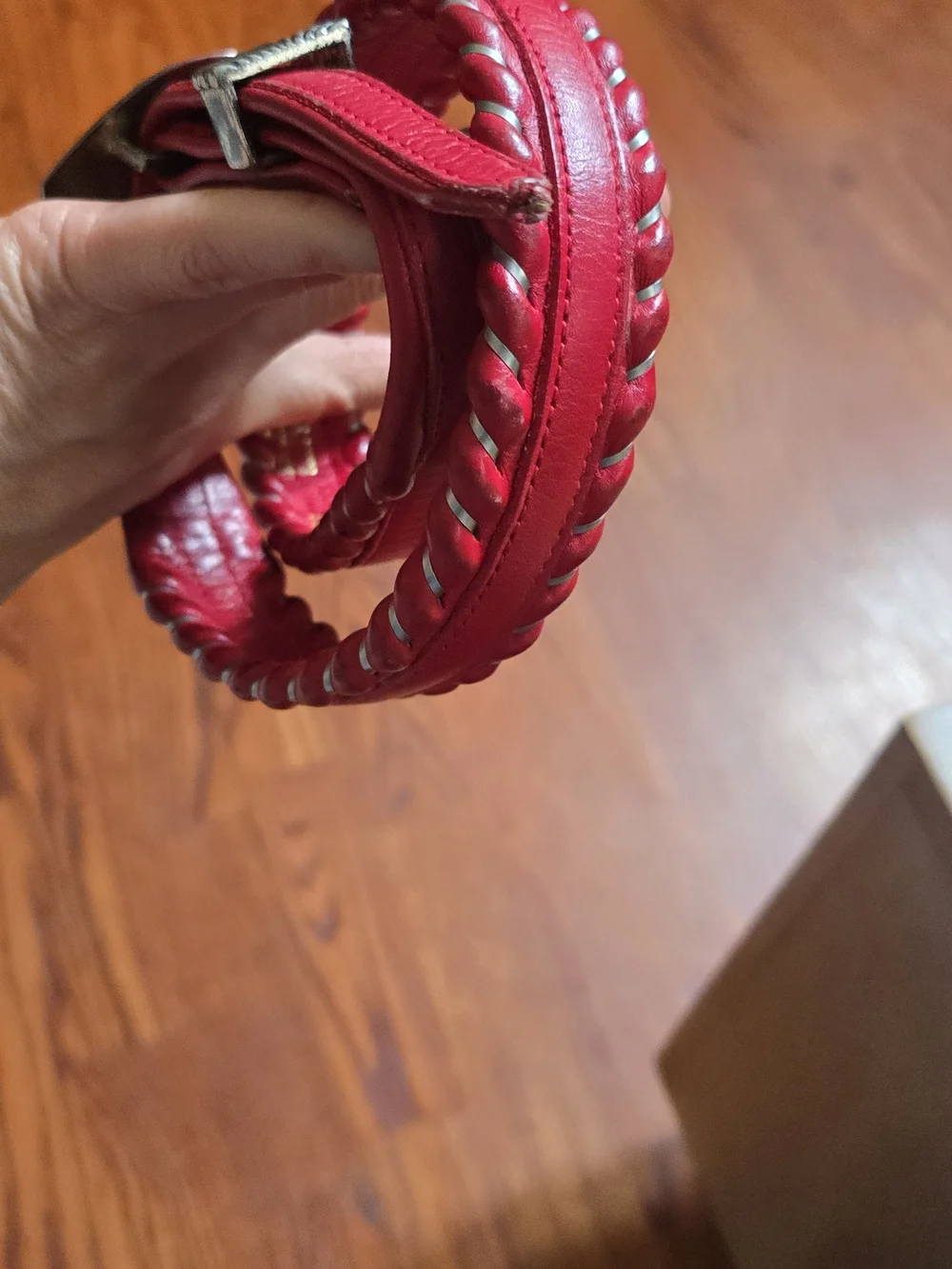 Vintage Dun Dee Red Full Grain Leather Belt Size 26 Braided Silver Heart Buckle